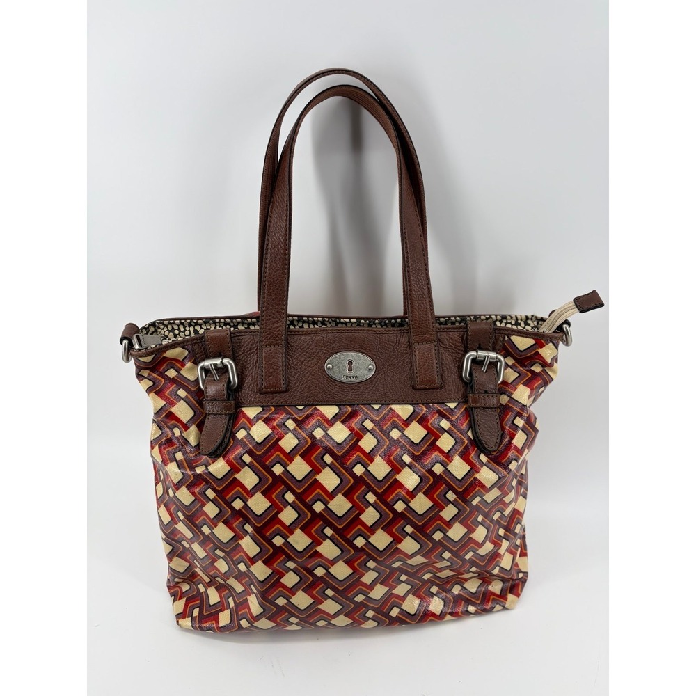 Fossil Tote Bag Key-Per Shoulder Bag Geometric PVC Coated Canvas Leather Trim